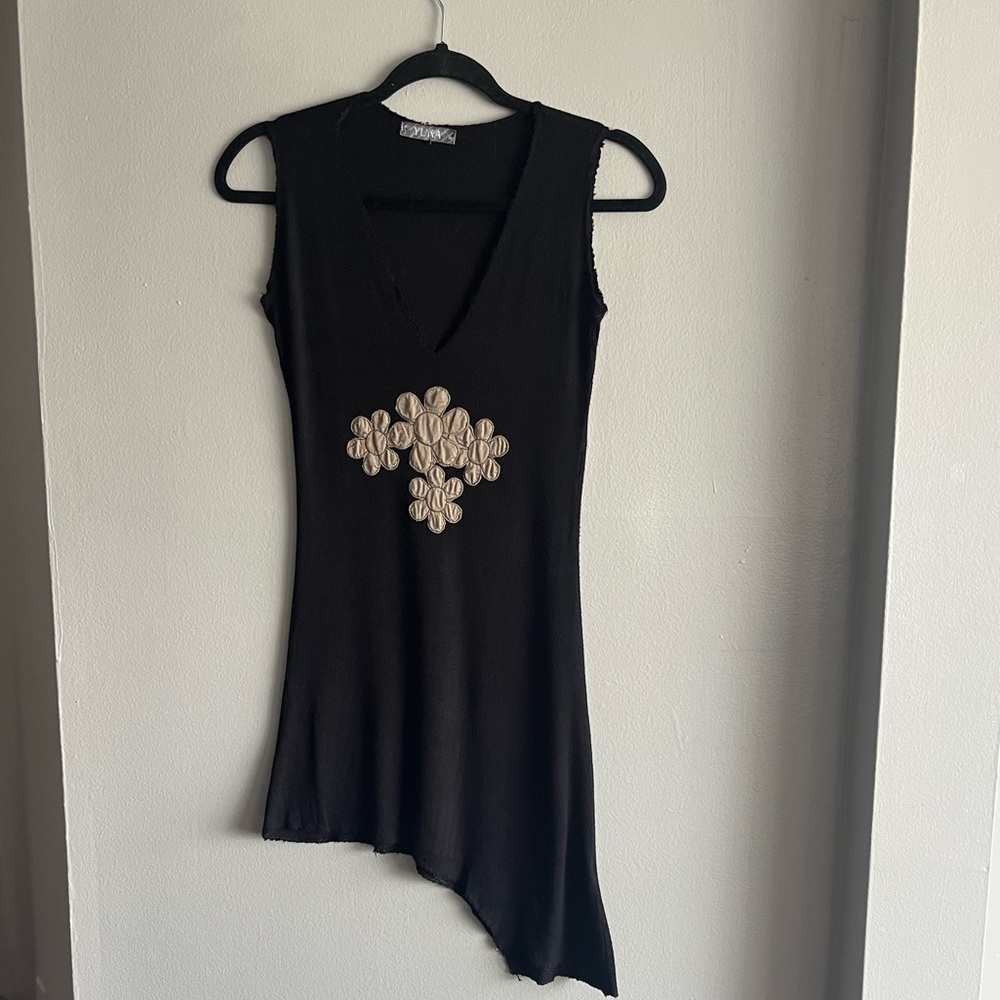 Vintage Asymmetrical Black Mini Dress with Flower Details and Distressed Hem